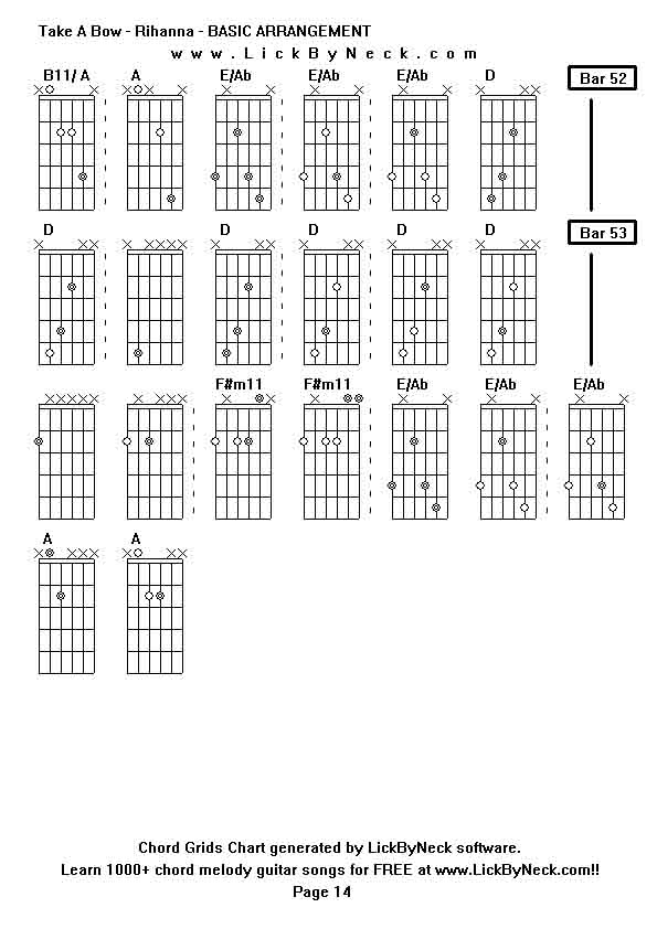 Chord Grids Chart of chord melody fingerstyle guitar song-Take A Bow - Rihanna - BASIC ARRANGEMENT,generated by LickByNeck software.